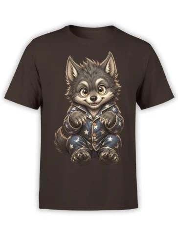 Gray wolf in starry blue pajamas printed on a dark brown T-shirt