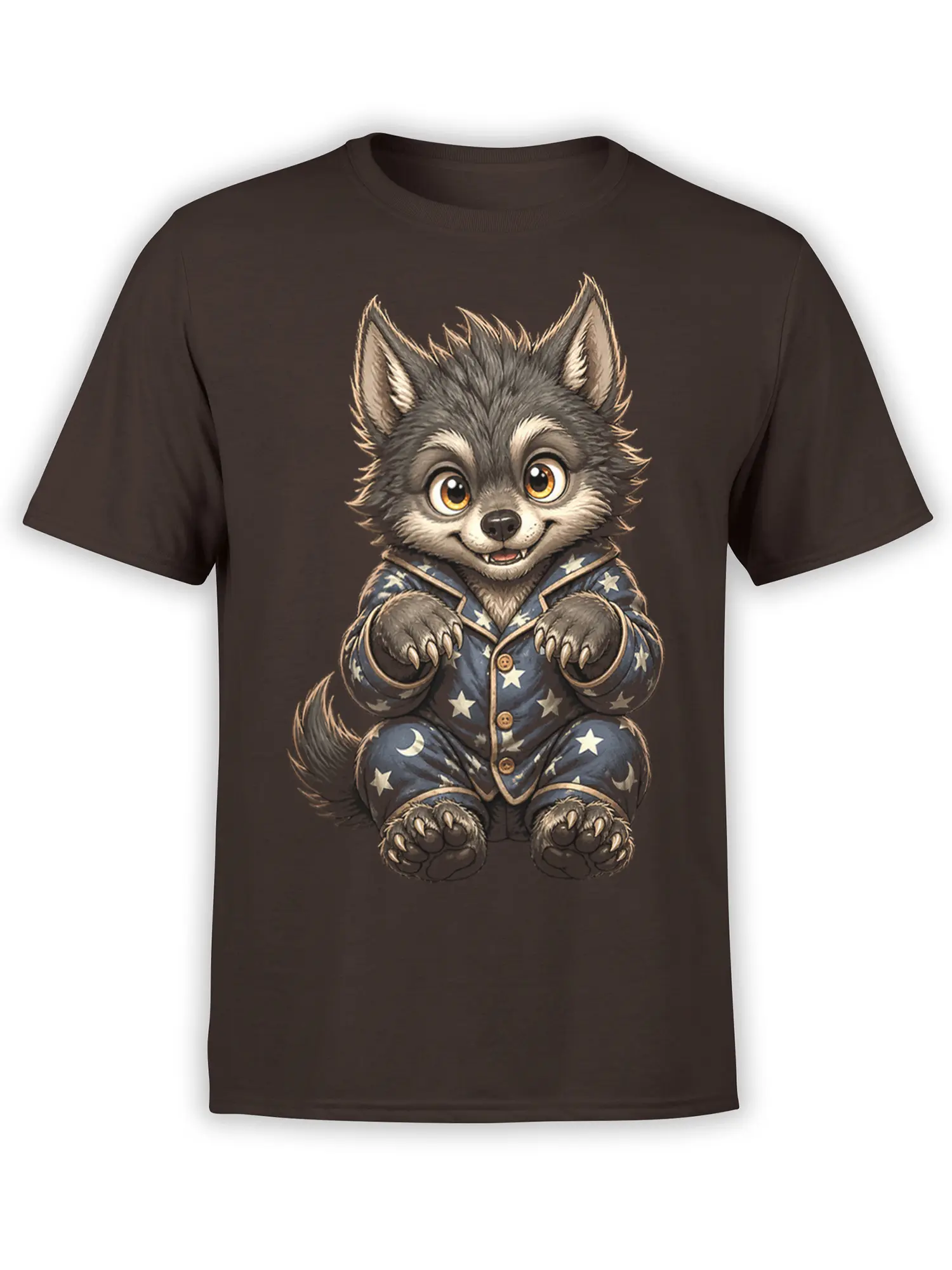 Gray wolf in starry blue pajamas printed on a dark brown T-shirt