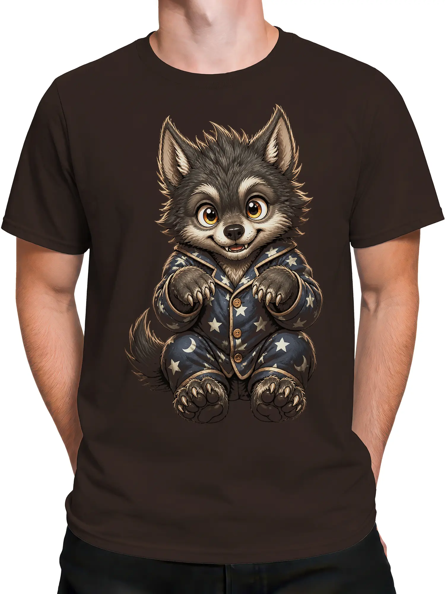 Male torso wearing a dark brown T-shirt with a celestial pajama wolf graphic