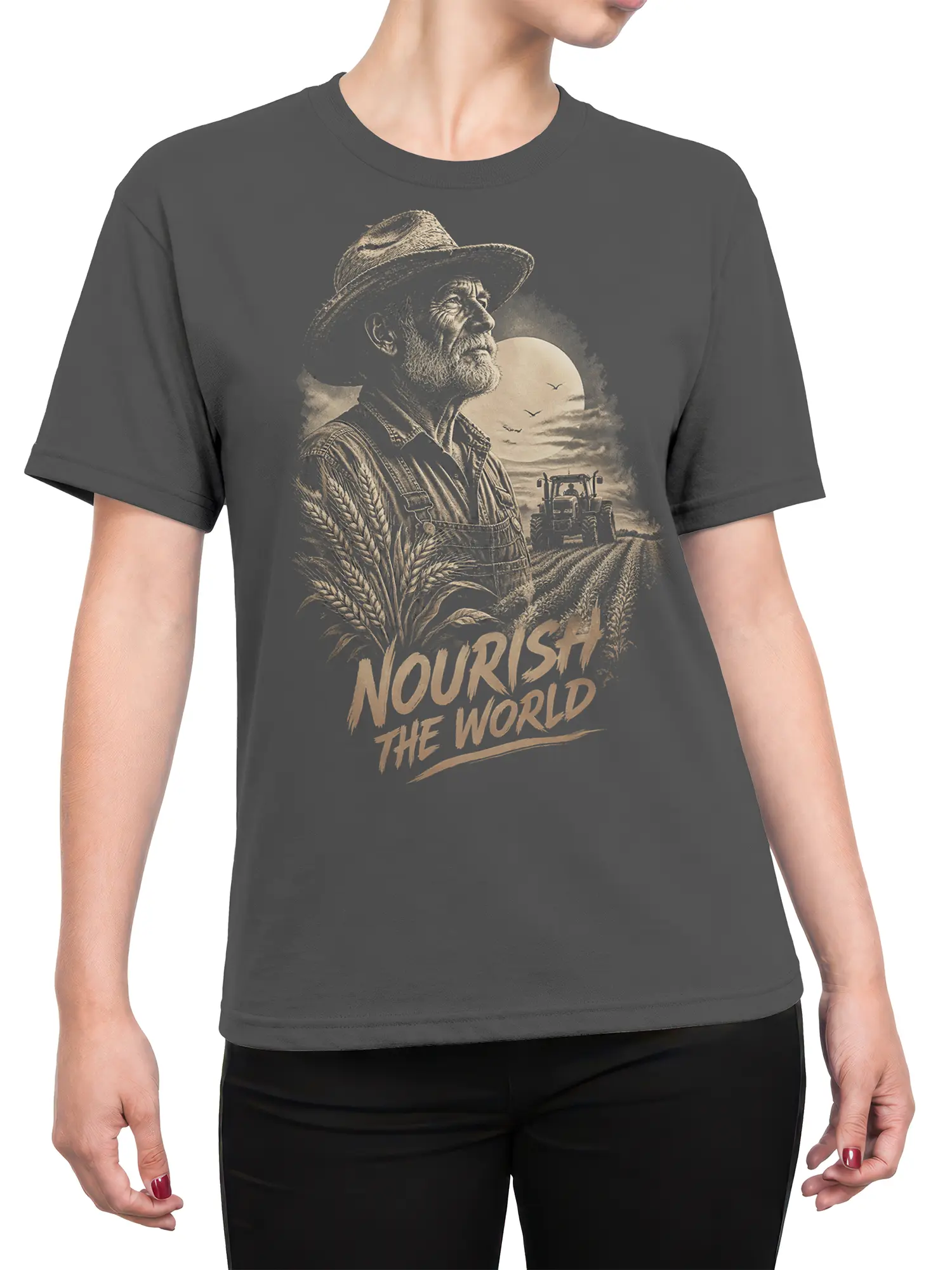 Female torso wearing a gray farmer T-shirt with vintage wheat field, tractor, moon, and rural lettering design