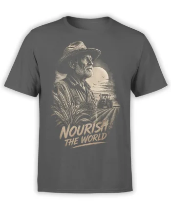 Gray farmer T-shirt with bearded worker, wheat field, tractor, moon, birds, and “Nourish the World” artwork
