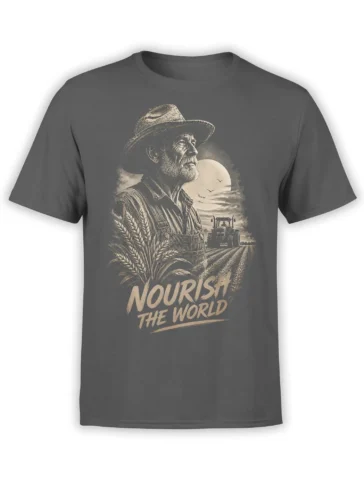 Gray farmer T-shirt with bearded worker, wheat field, tractor, moon, birds, and “Nourish the World” artwork