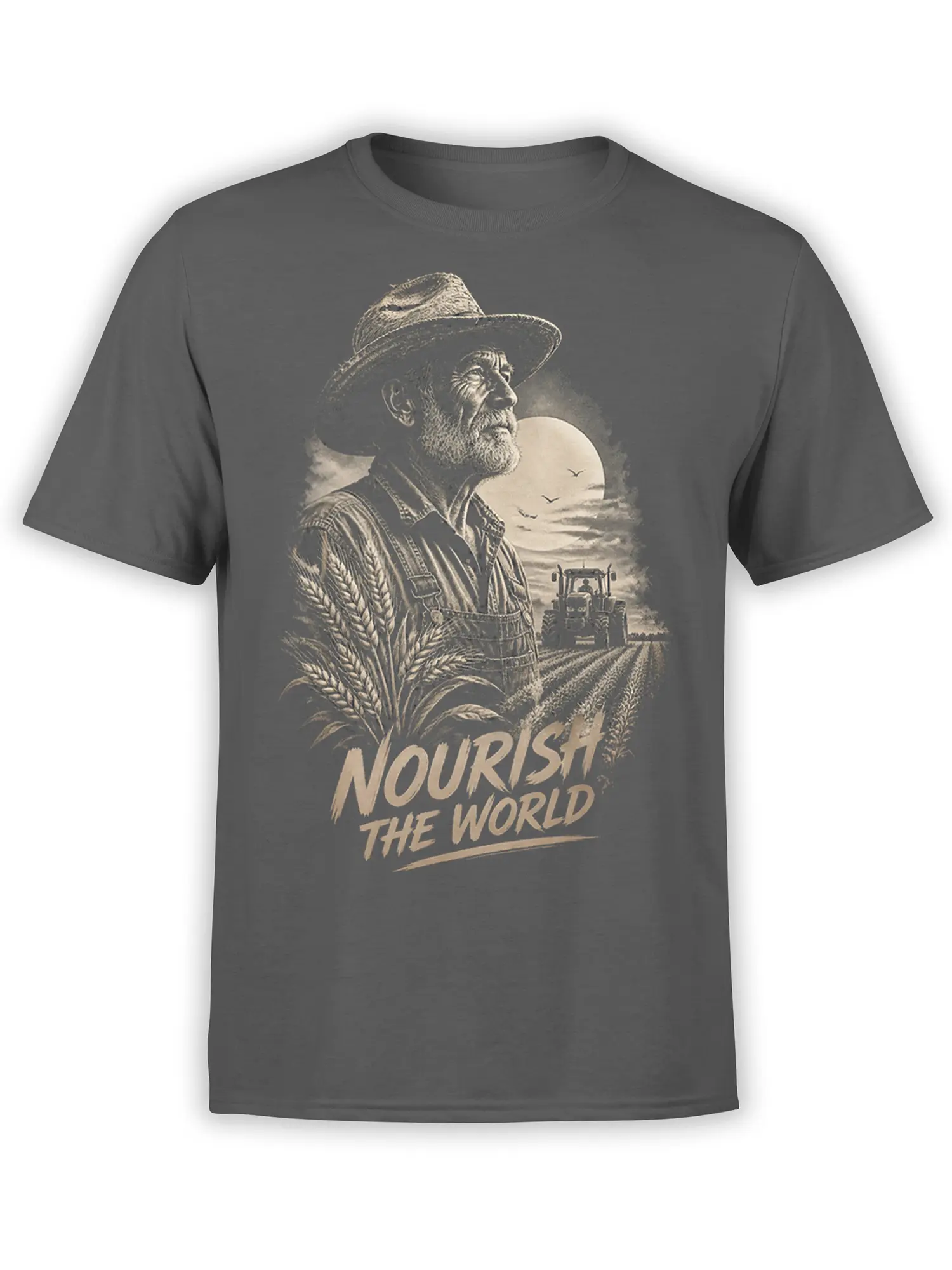 Gray farmer T-shirt with bearded worker, wheat field, tractor, moon, birds, and “Nourish the World” artwork
