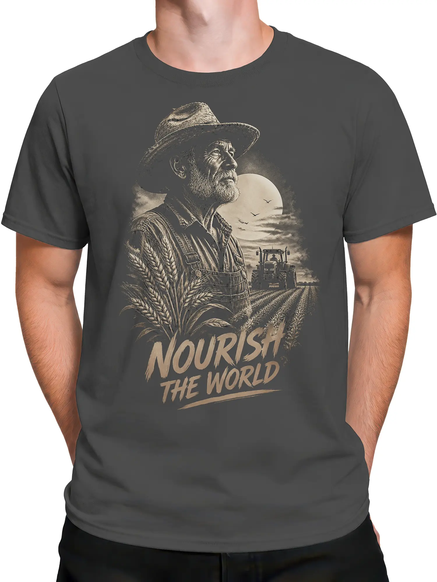 Male torso wearing a gray farmer T-shirt with bearded farmer, wheat, tractor, moon, and birds