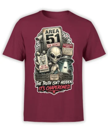 Vintage alien UFO graphic with Area 51 signs and a cow beam on a burgundy T-shirt