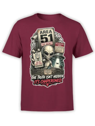 Vintage alien UFO graphic with Area 51 signs and a cow beam on a burgundy T-shirt