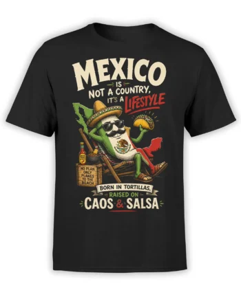 Black Mexico graphic tee with sombrero-wearing flag character, taco, salsa, and vintage lifestyle lettering