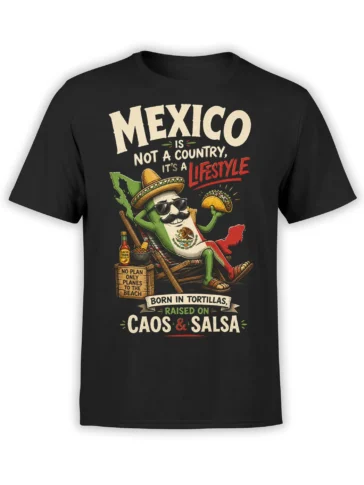 Black Mexico graphic tee with sombrero-wearing flag character, taco, salsa, and vintage lifestyle lettering
