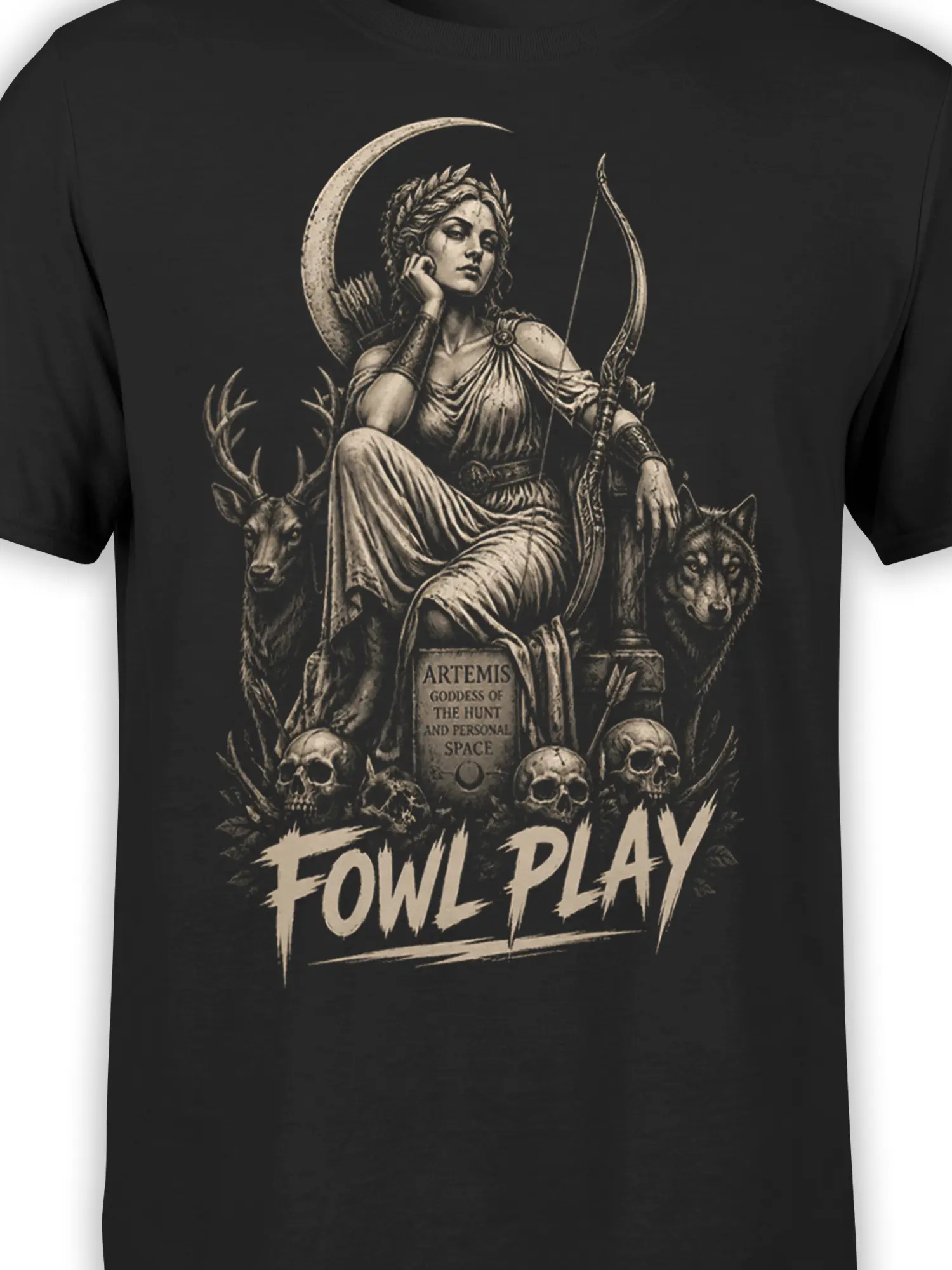 Close-up of Artemis goddess hunt artwork with crescent moon, bow, deer, wolf, skulls, and Fowl Play text
