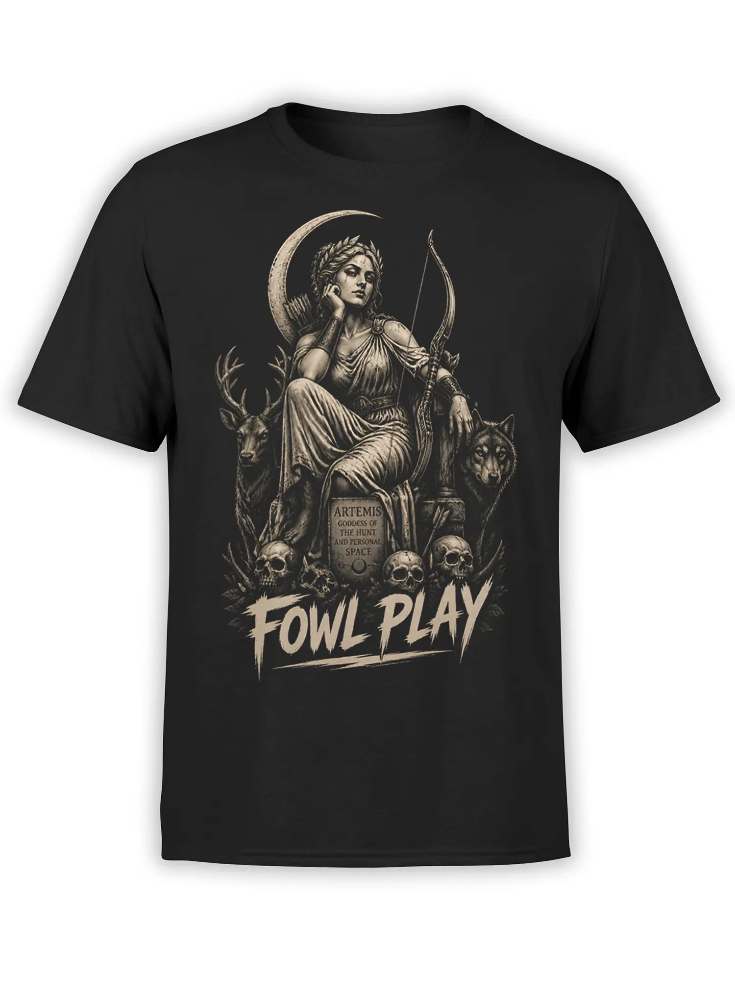 Black T-shirt with Artemis goddess artwork, crescent moon, bow, deer, wolf, skulls, and Fowl Play text