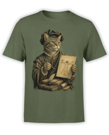 Vintage cat artist wearing old-world clothing and holding a drawing, quill, books, and scrolls on a green T-shirt