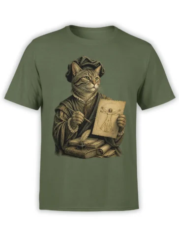 Vintage cat artist wearing old-world clothing and holding a drawing, quill, books, and scrolls on a green T-shirt