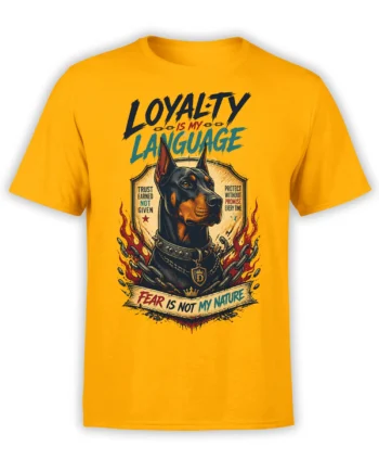 Black and tan guardian dog graphic with flames, chains, and loyalty lettering on a yellow T-shirt
