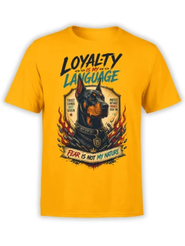 Black and tan guardian dog graphic with flames, chains, and loyalty lettering on a yellow T-shirt