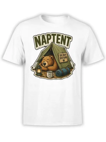 White T-shirt with a sleepy bear in a tent, nap fuel mug, lantern, and do not disturb camping design