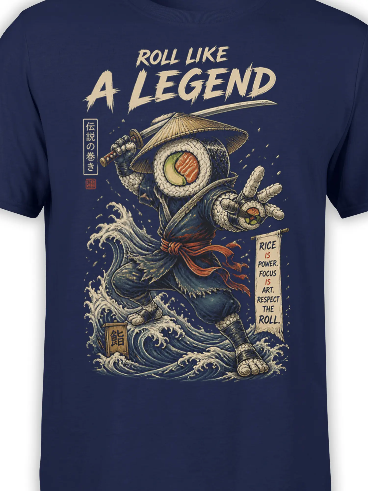 Close-up of sushi warrior artwork with sword, rice, salmon, avocado, and waves on a navy T-shirt