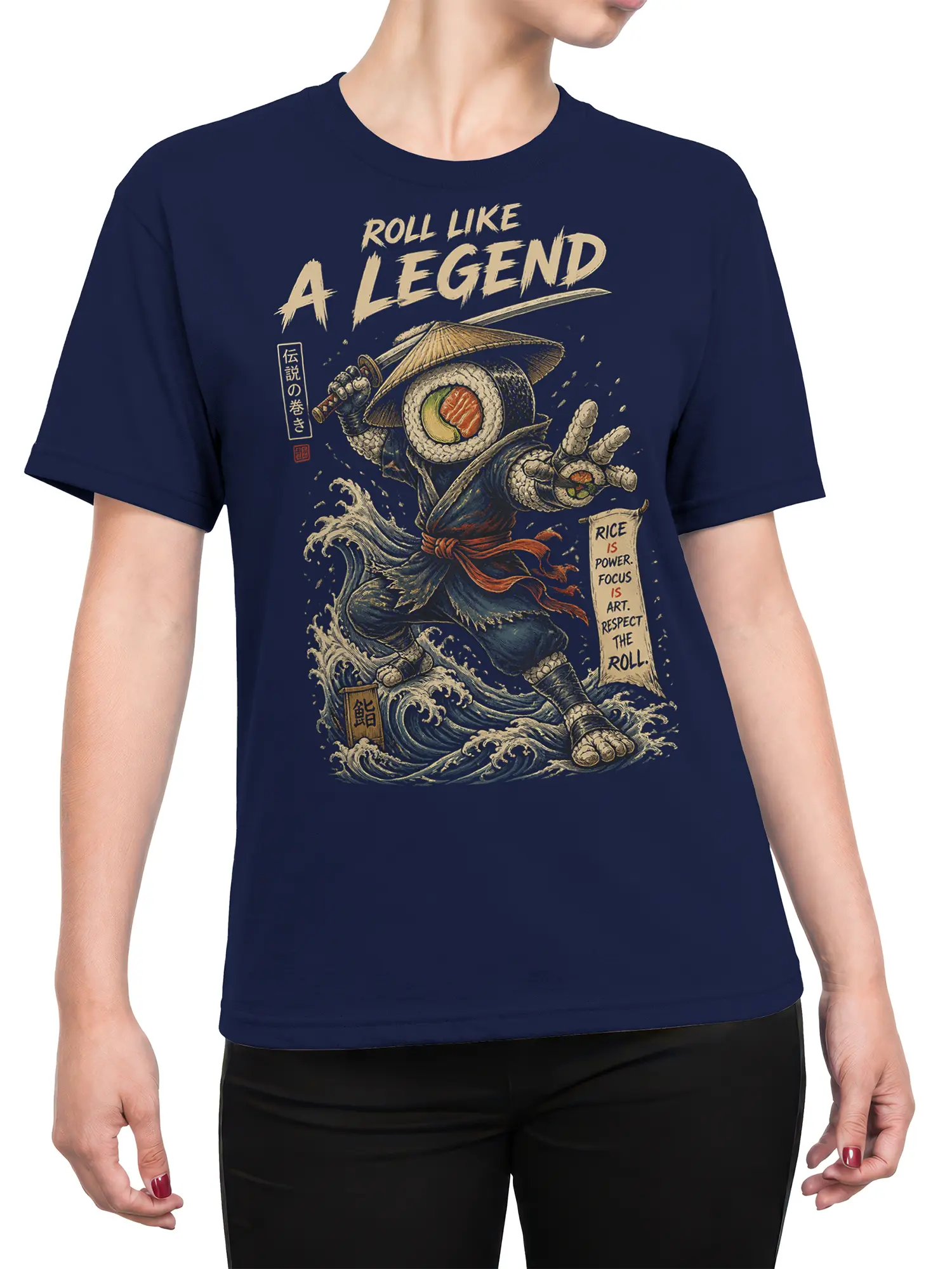 Female torso wearing a navy T-shirt with a sushi warrior, sword, waves, and bold roll-themed lettering