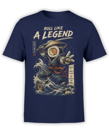 Japanese-inspired sushi warrior graphic with sword, ocean waves, and roll lettering on a navy T-shirt