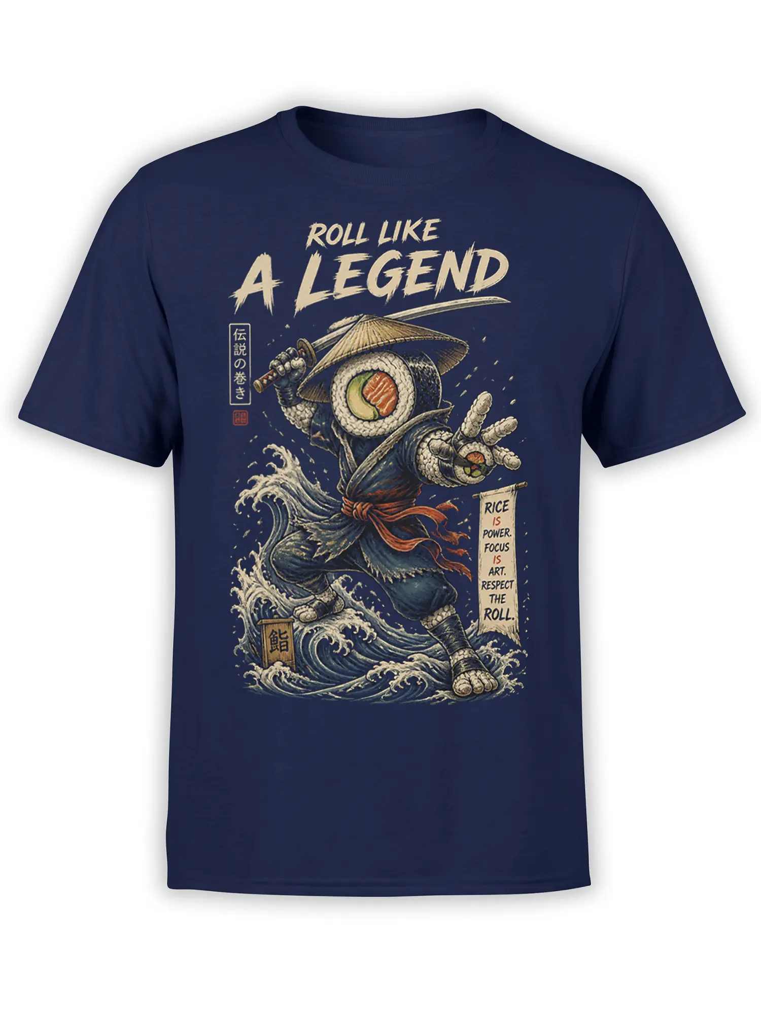 Japanese-inspired sushi warrior graphic with sword, ocean waves, and roll lettering on a navy T-shirt