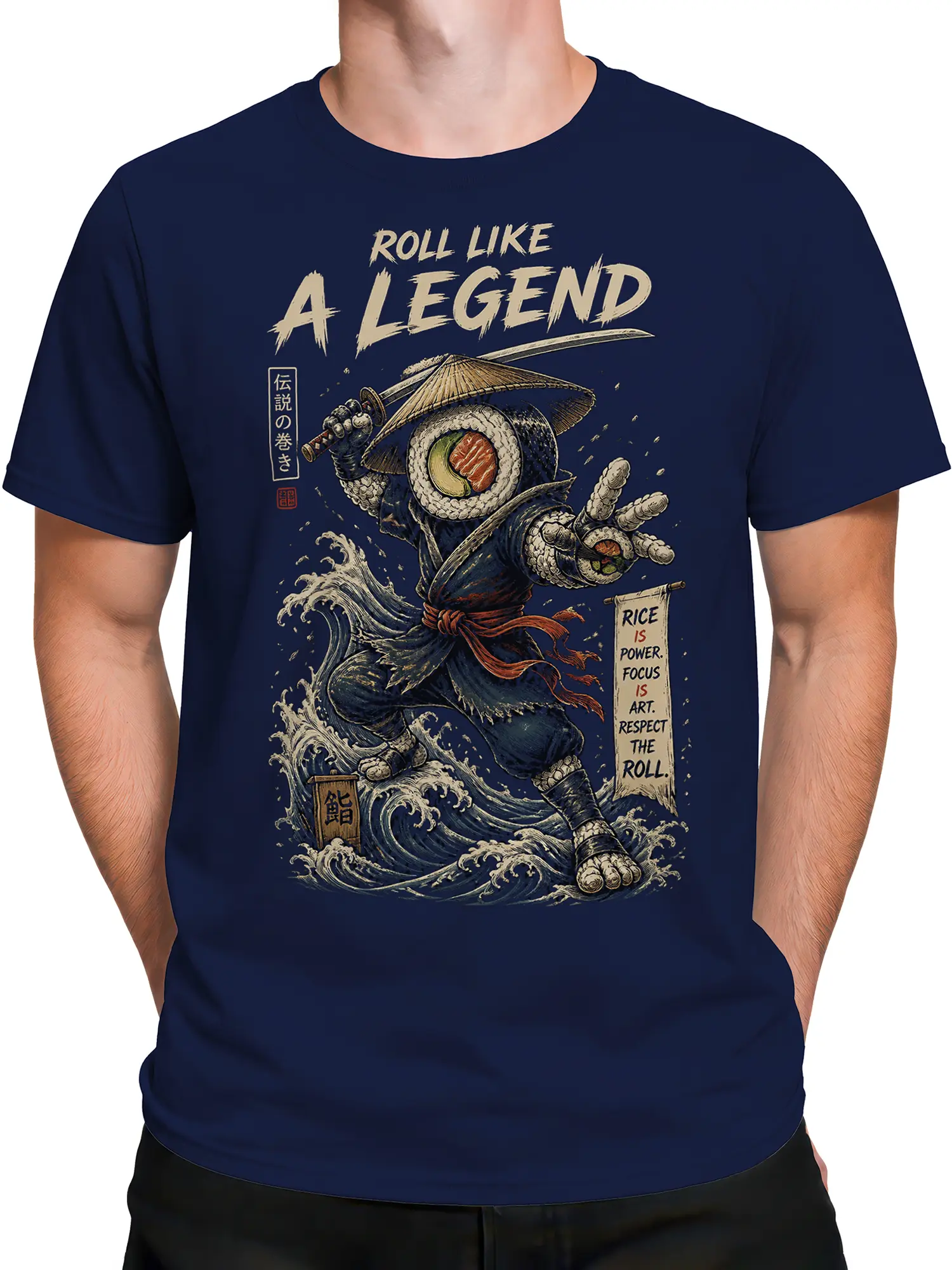 Male torso wearing a navy sushi warrior T-shirt with sword, waves, and bold graphic lettering