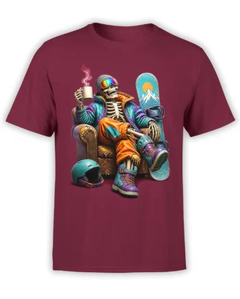 Colorful skeleton snowboarder holding a coffee mug beside a snowboard on a burgundy graphic T-shirt