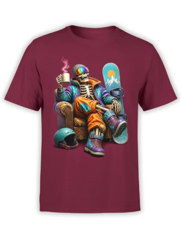 Colorful skeleton snowboarder holding a coffee mug beside a snowboard on a burgundy graphic T-shirt