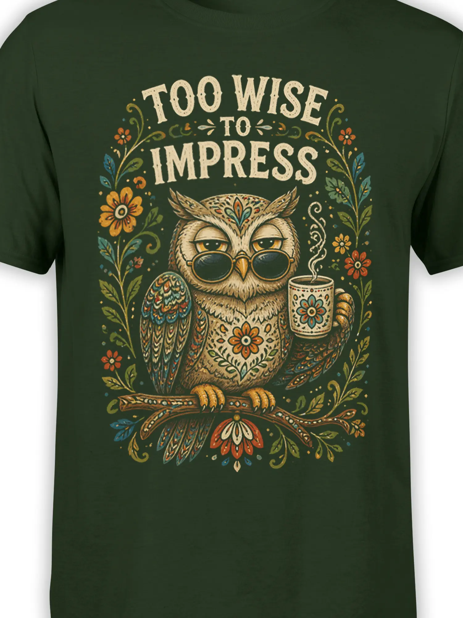 Close-up of owl graphic with glasses, patterned mug, floral details, and Too Wise to Impress lettering on dark green fabric