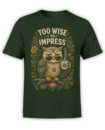 Dark green owl graphic T-shirt with glasses, steaming mug, floral vines, and Too Wise to Impress text