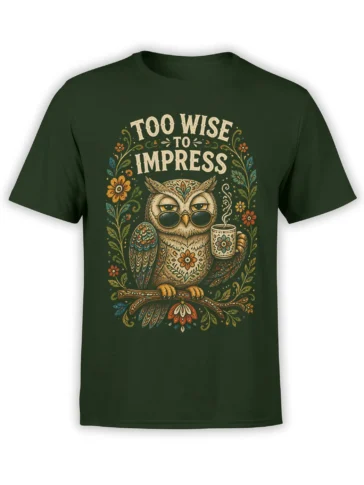 Dark green owl graphic T-shirt with glasses, steaming mug, floral vines, and Too Wise to Impress text