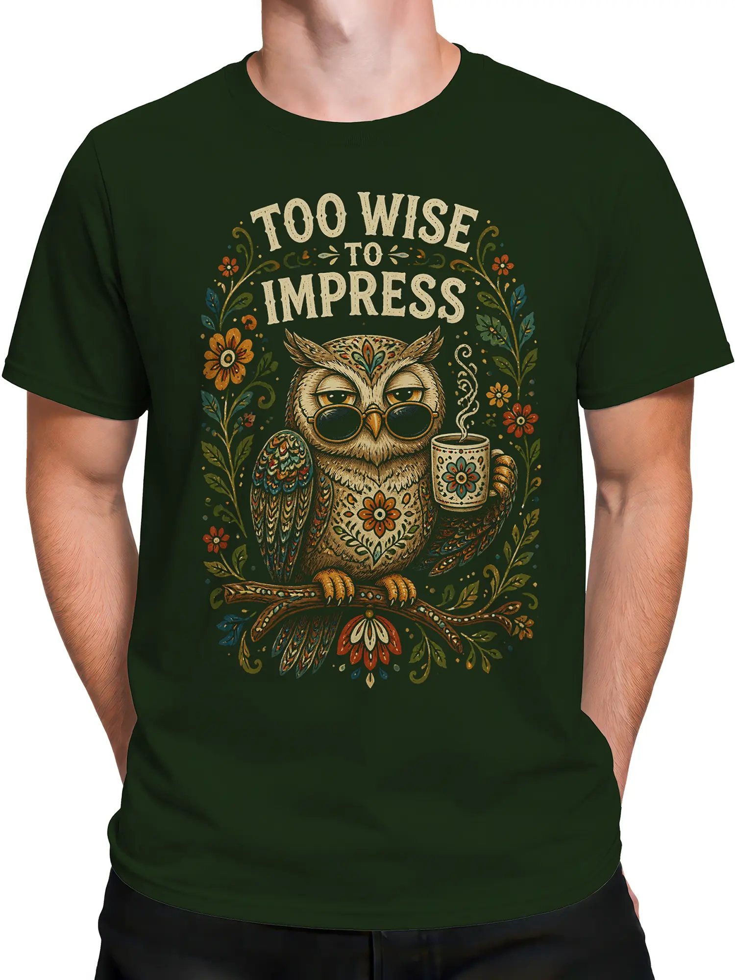 Male torso wearing a dark green vintage owl T-shirt with floral artwork and Too Wise to Impress design