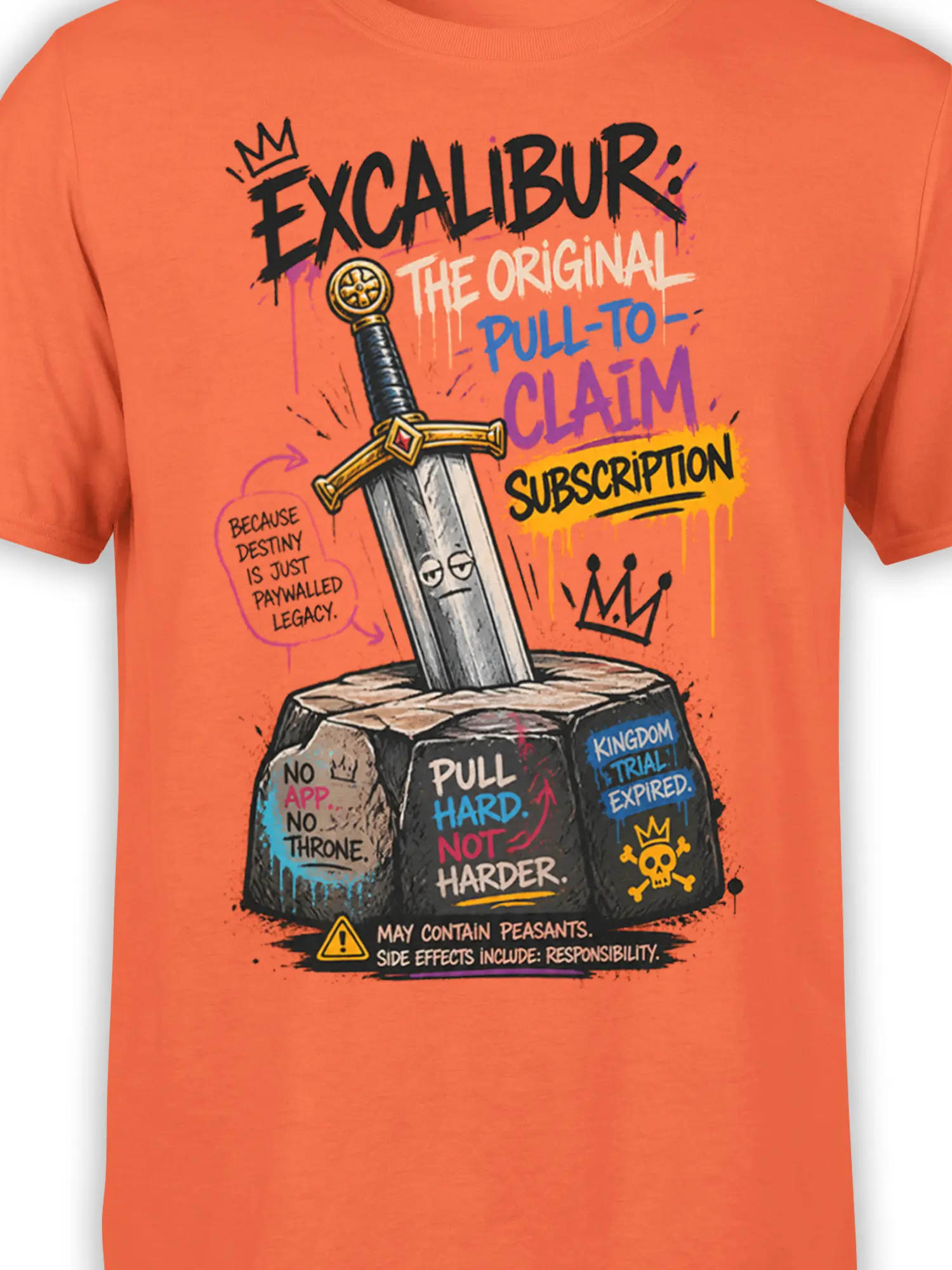 Close-up of the orange fantasy shirt showing the weary sword, stone, crown, and colorful subscription joke