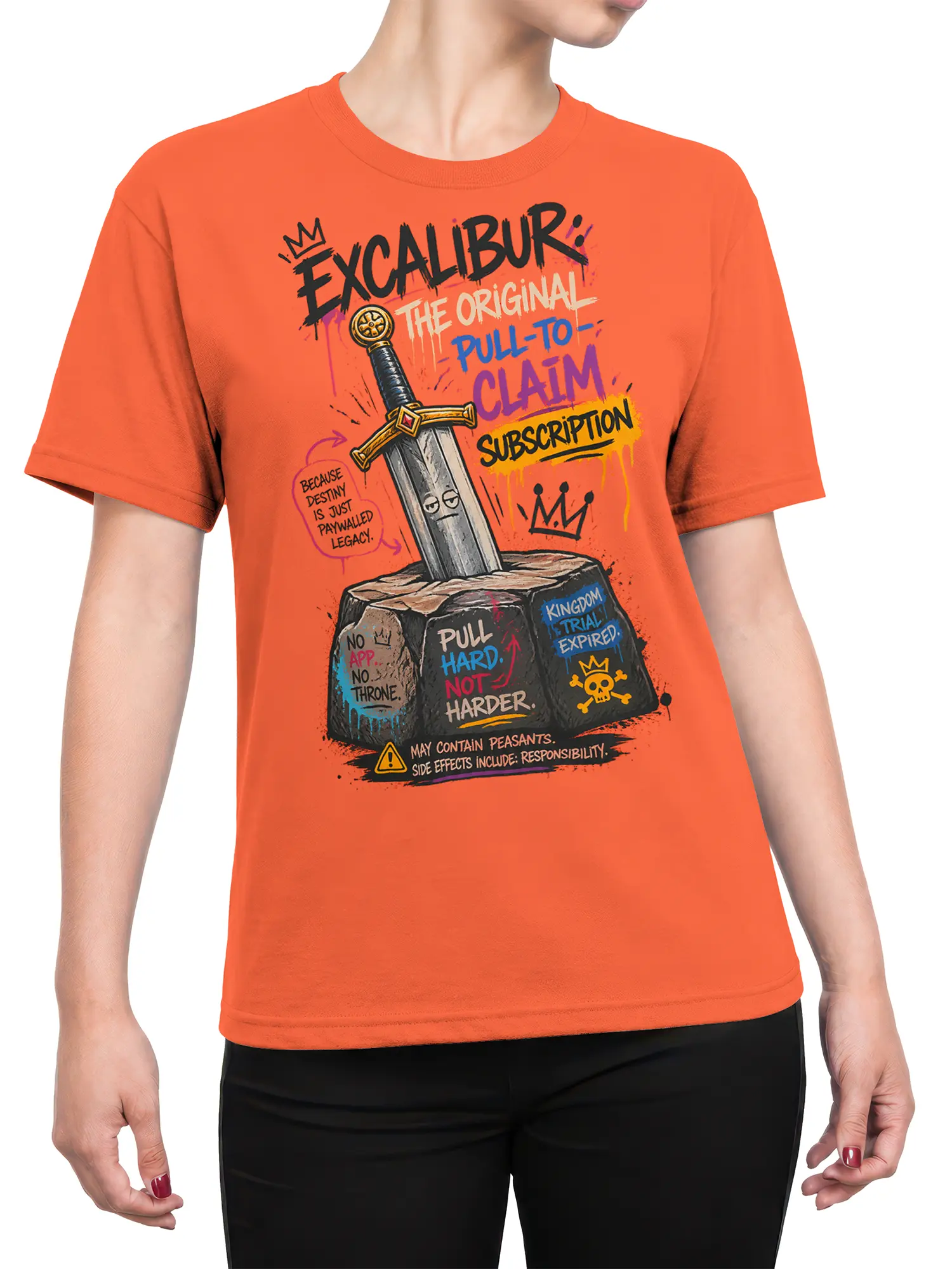 Female torso wearing an orange fantasy T-shirt with a sarcastic sword in the stone graphic