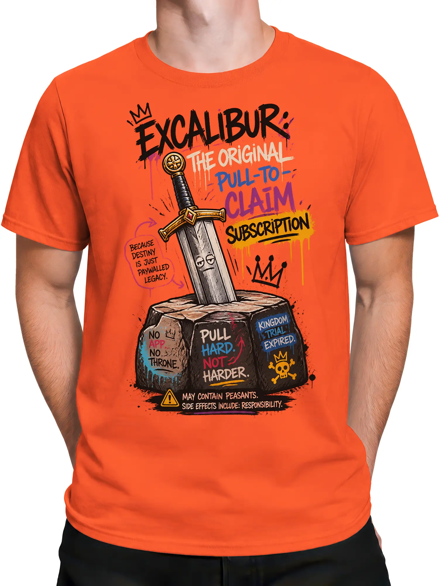 Male torso wearing an orange fantasy T-shirt with a crown-topped sword in the stone design