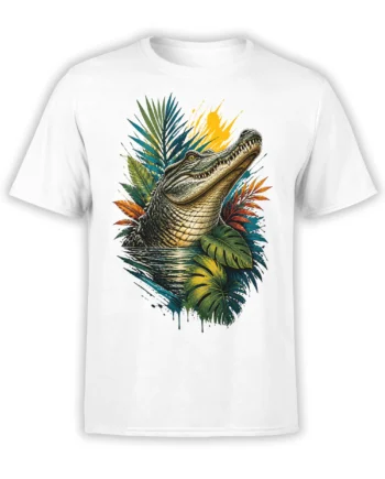 White T-shirt with a colorful alligator rising from dark water and tropical leaves