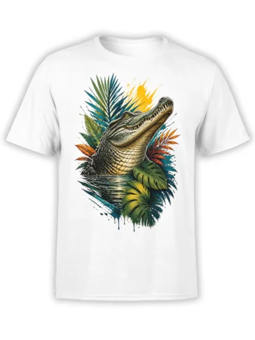 White T-shirt with a colorful alligator rising from dark water and tropical leaves