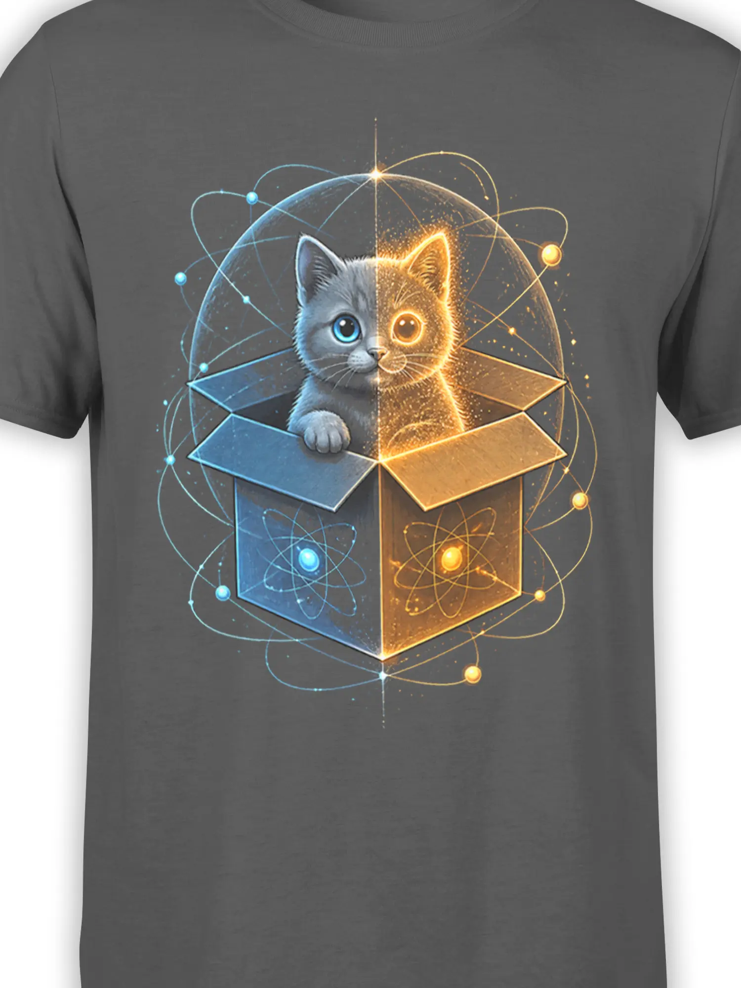 Close-up of the split cat artwork with blue and gold energy on a gray T-shirt