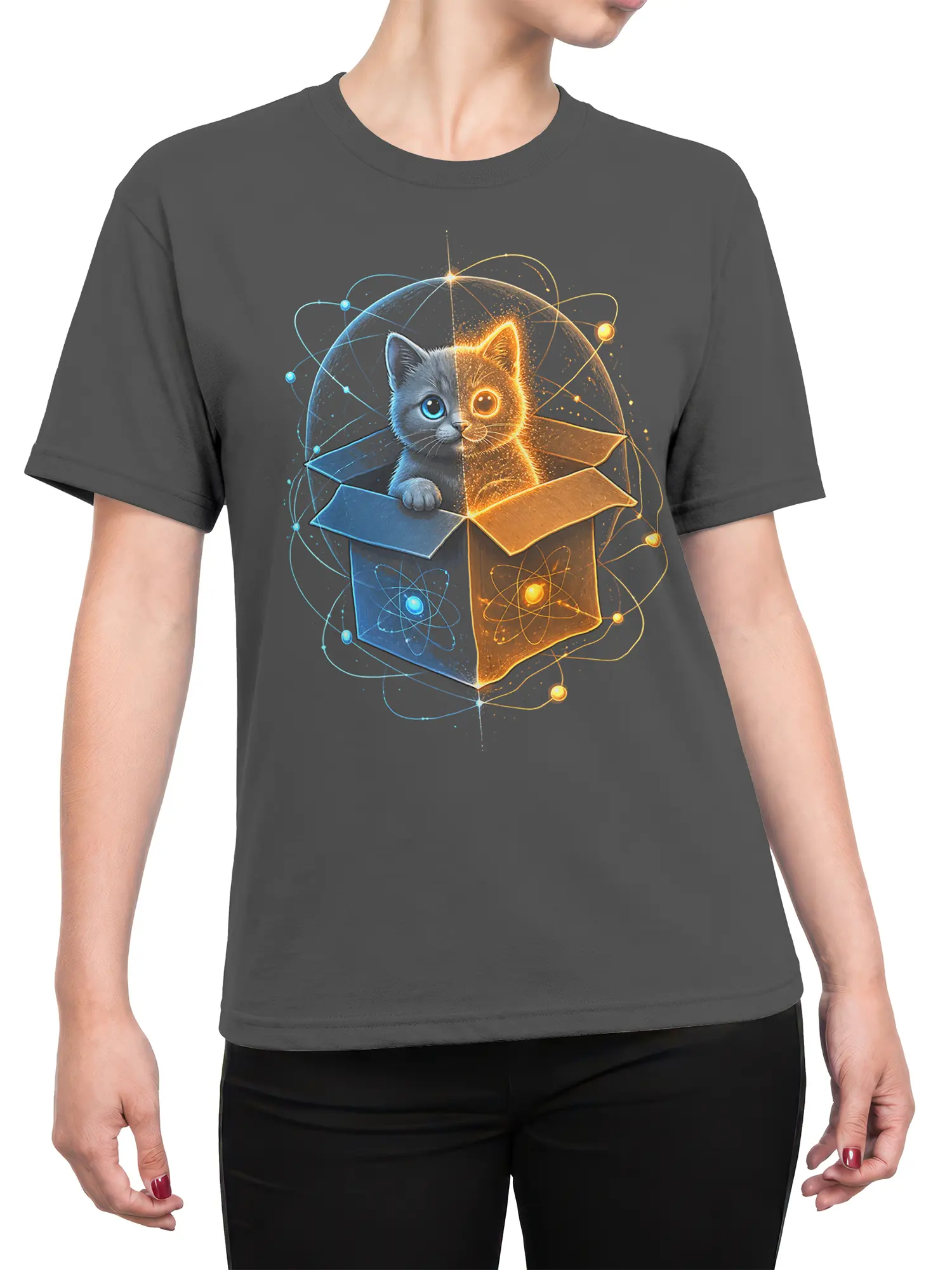 Female torso wearing a gray T-shirt with a split blue and gold cosmic cat design