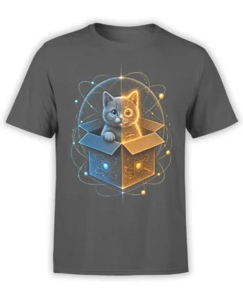 Split blue and gold cat emerging from a geometric box on a gray graphic T-shirt