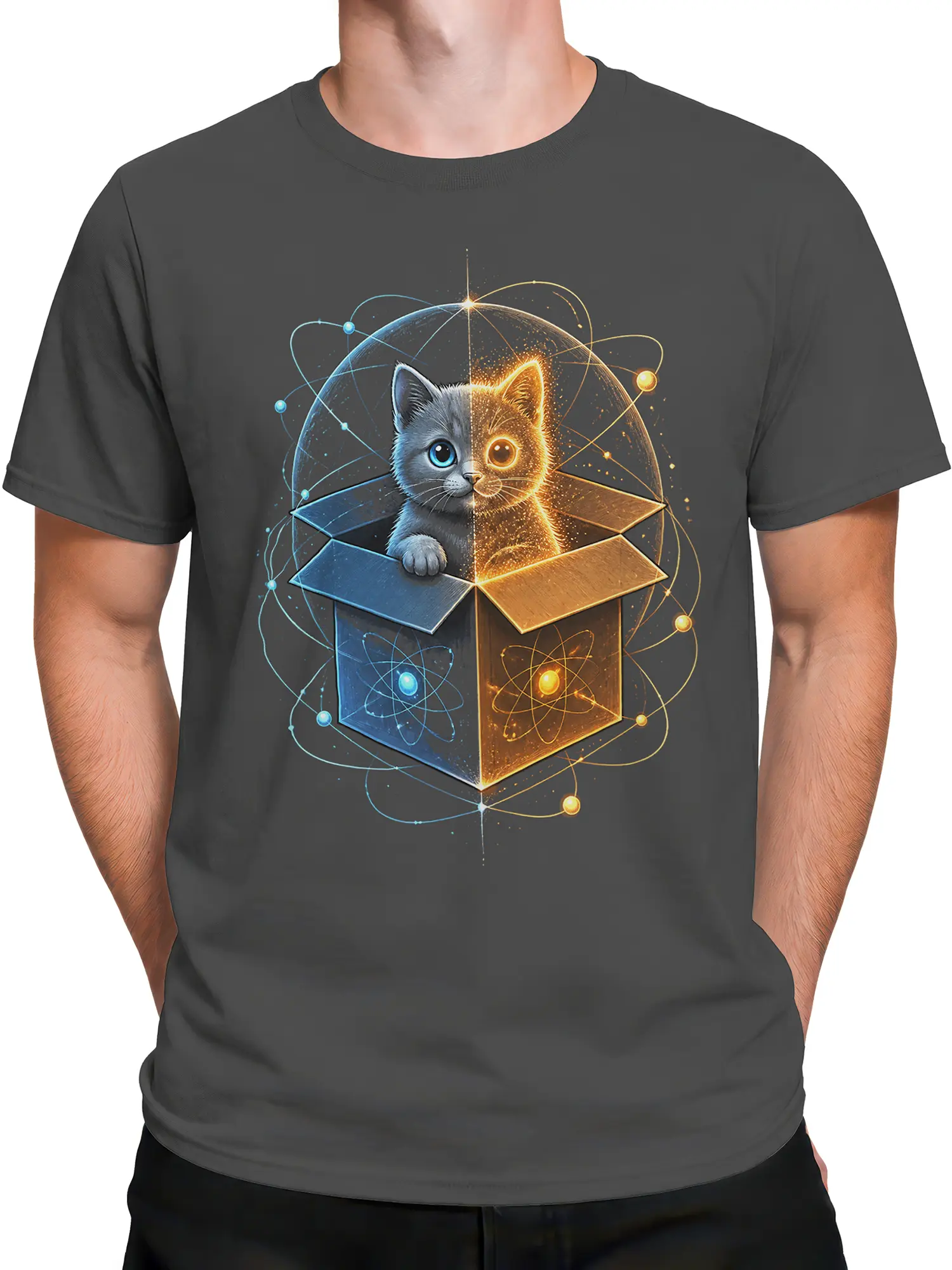 Male torso wearing a gray T-shirt with a blue and gold geometric cat design