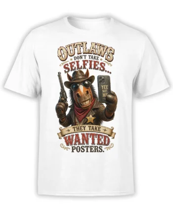 White western T-shirt with a grinning outlaw horse, revolver, phone, cowboy hat, and wanted-poster lettering