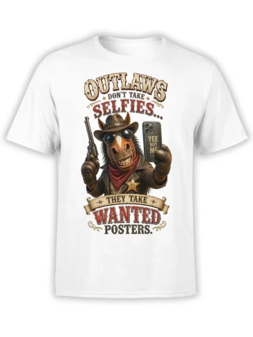 White western T-shirt with a grinning outlaw horse, revolver, phone, cowboy hat, and wanted-poster lettering