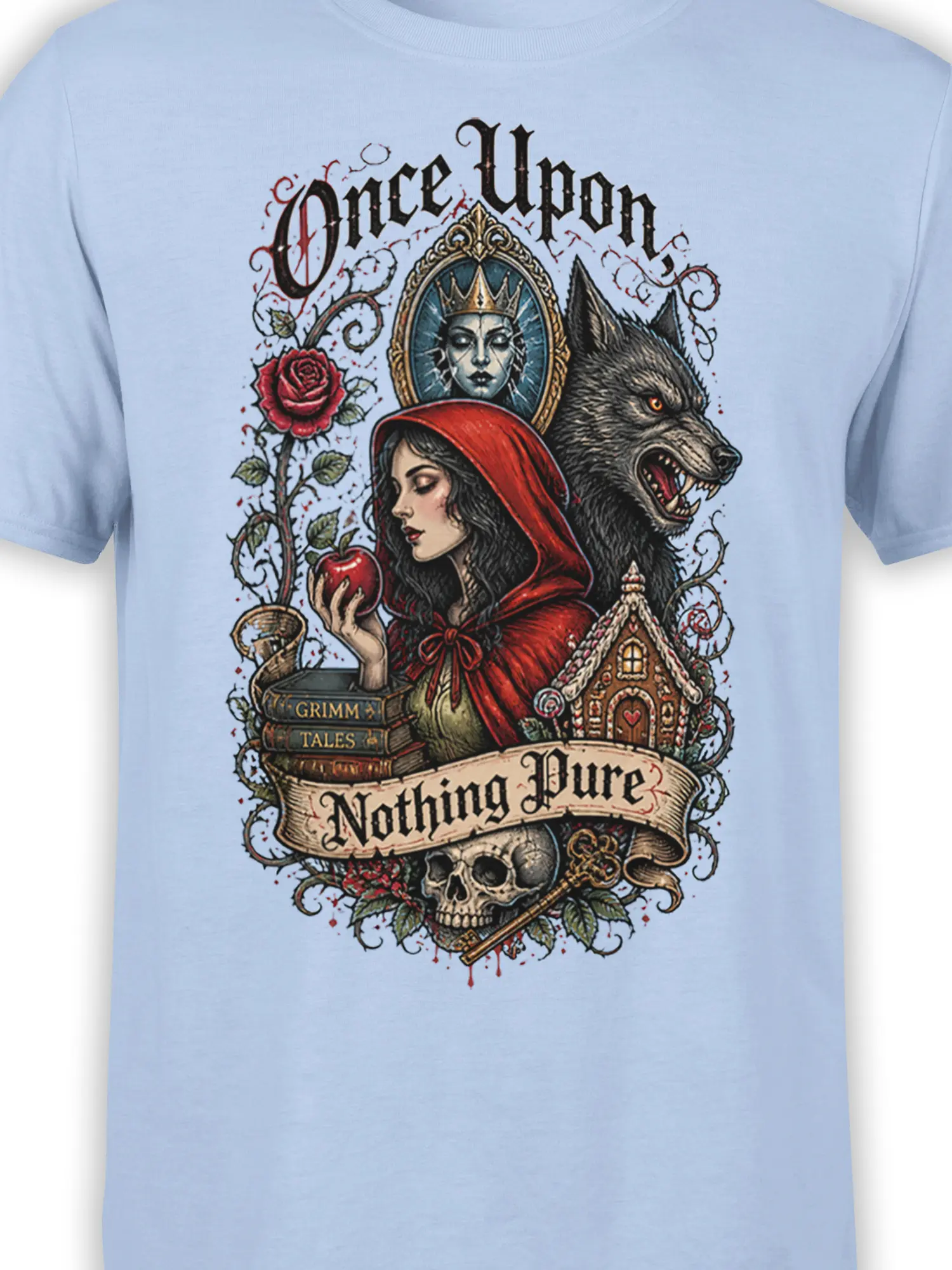 Close-up of gothic fairy tale artwork showing a red-hooded woman, snarling wolf, crowned face, and storybook details