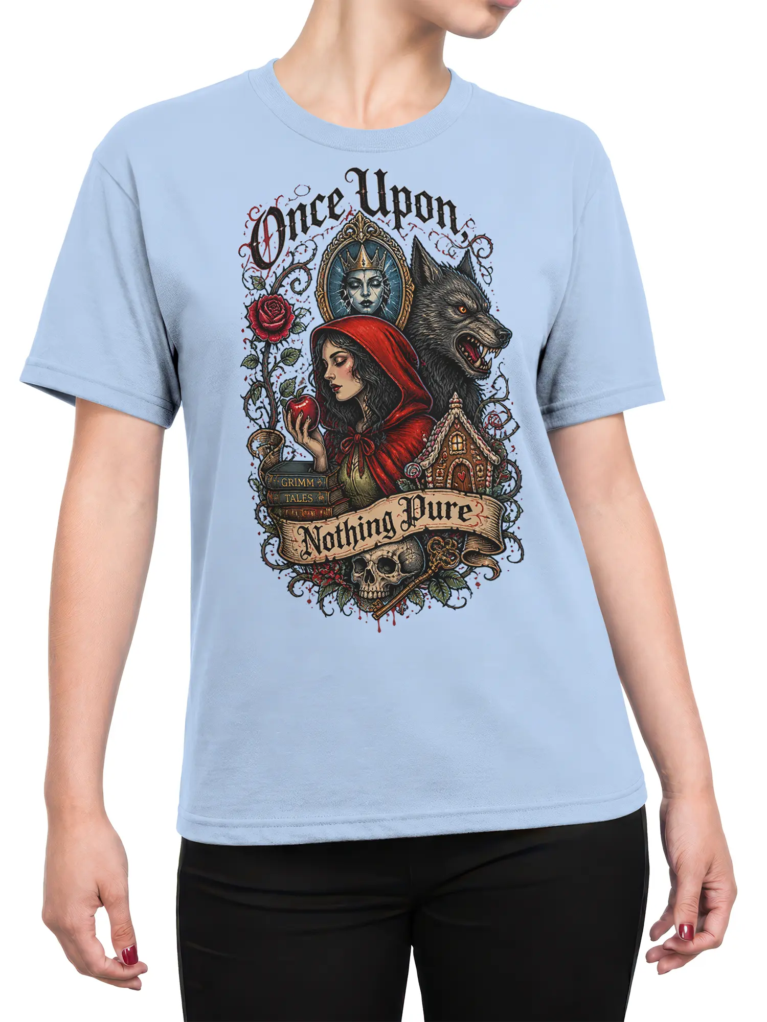 Female torso wearing a light blue T-shirt with red-hooded heroine, wolf, skull, roses, and vintage fairy tale artwork