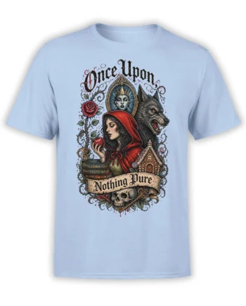 Light blue fairy tale T-shirt with a red-hooded woman, wolf, skull, roses, and vintage storybook artwork