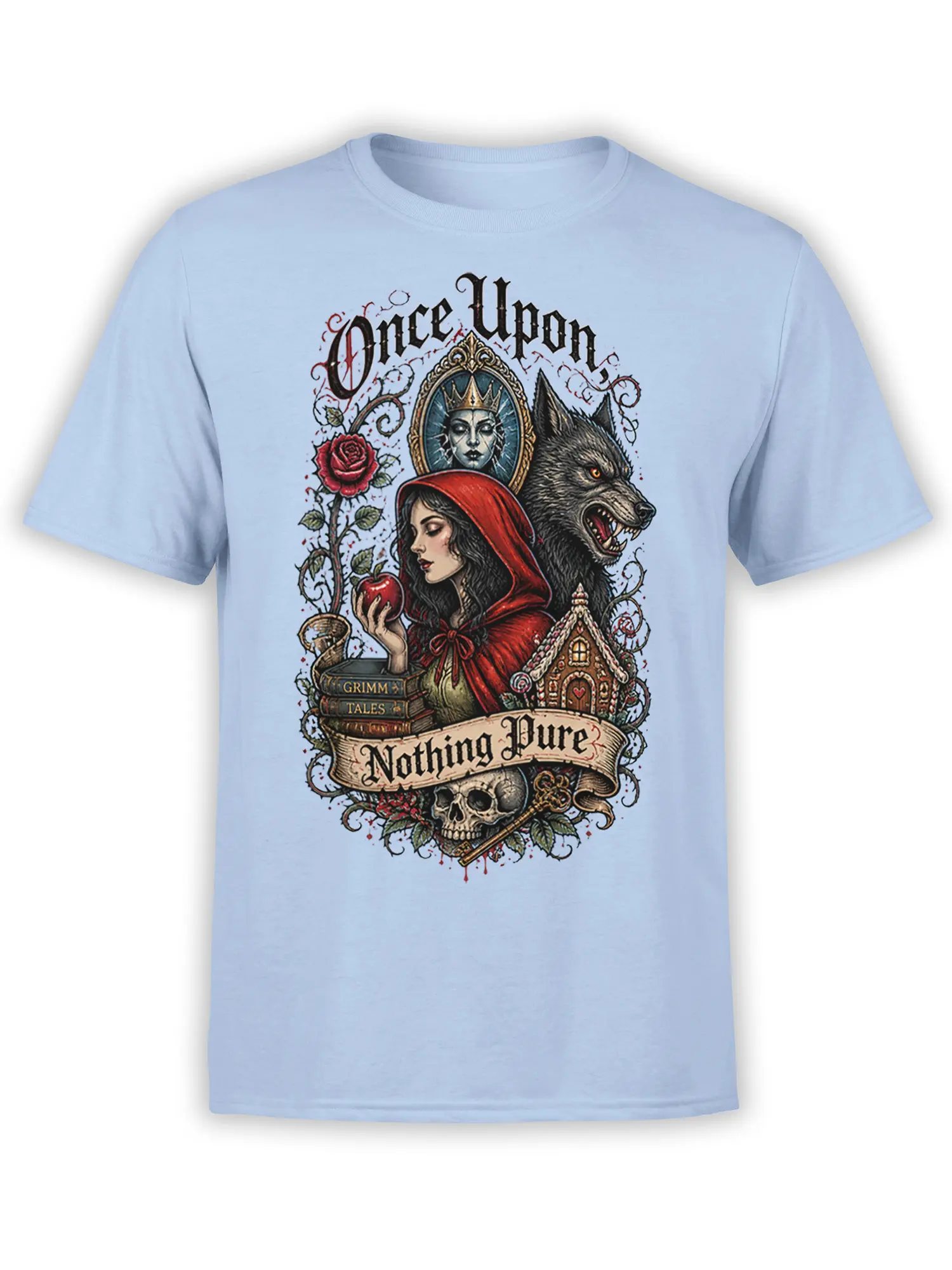Light blue fairy tale T-shirt with a red-hooded woman, wolf, skull, roses, and vintage storybook artwork