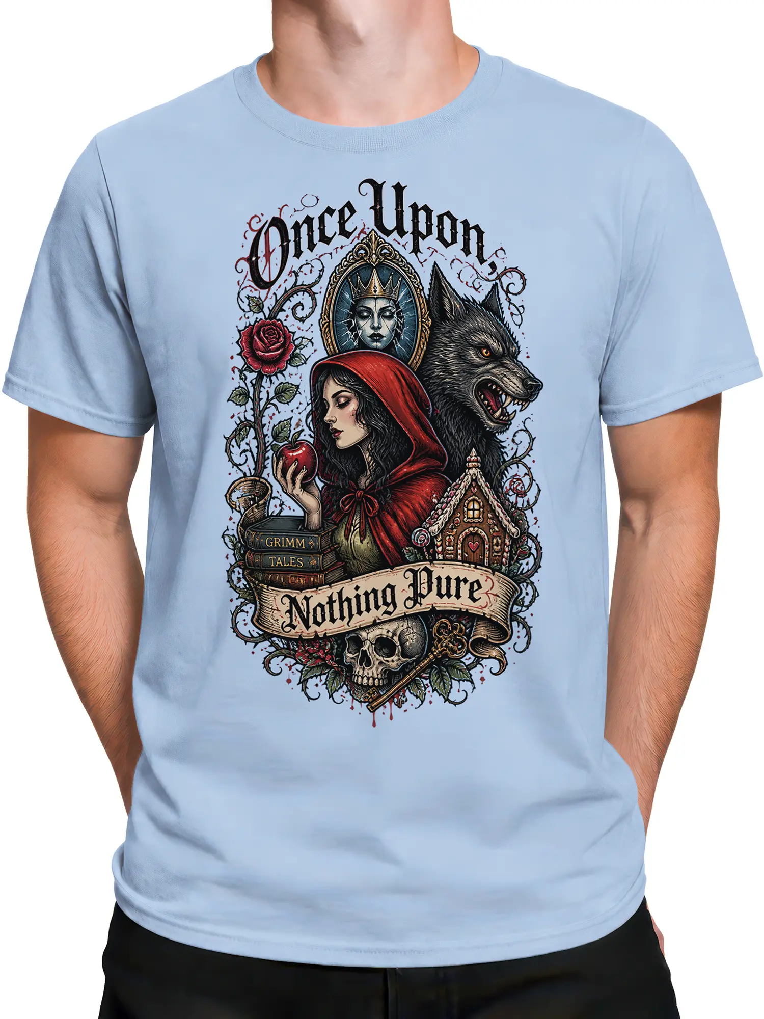 Male torso wearing a light blue gothic fairy tale T-shirt with a wolf, red hood, skull, roses, and storybook design