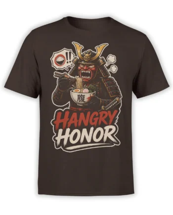Armored samurai eating ramen on a brown shirt with bold red and cream HANGRY HONOR lettering
