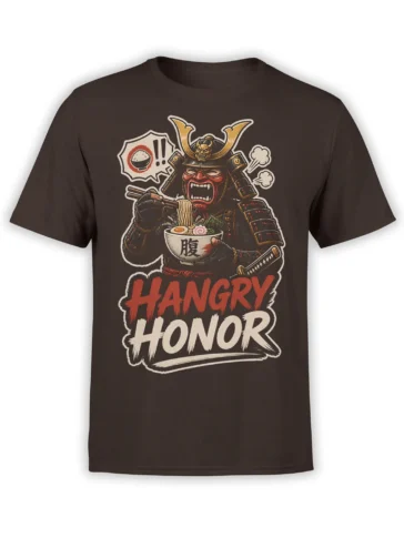 Armored samurai eating ramen on a brown shirt with bold red and cream HANGRY HONOR lettering