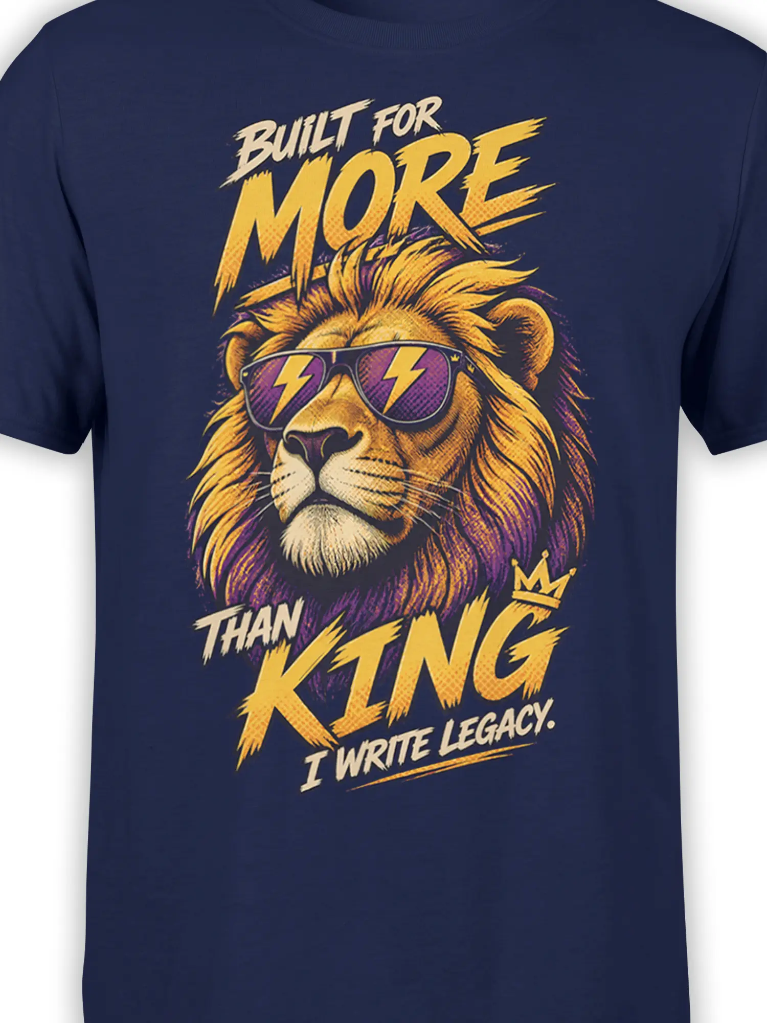 Close-up of navy lion T-shirt design with purple sunglasses, lightning bolts, crown, and golden lettering