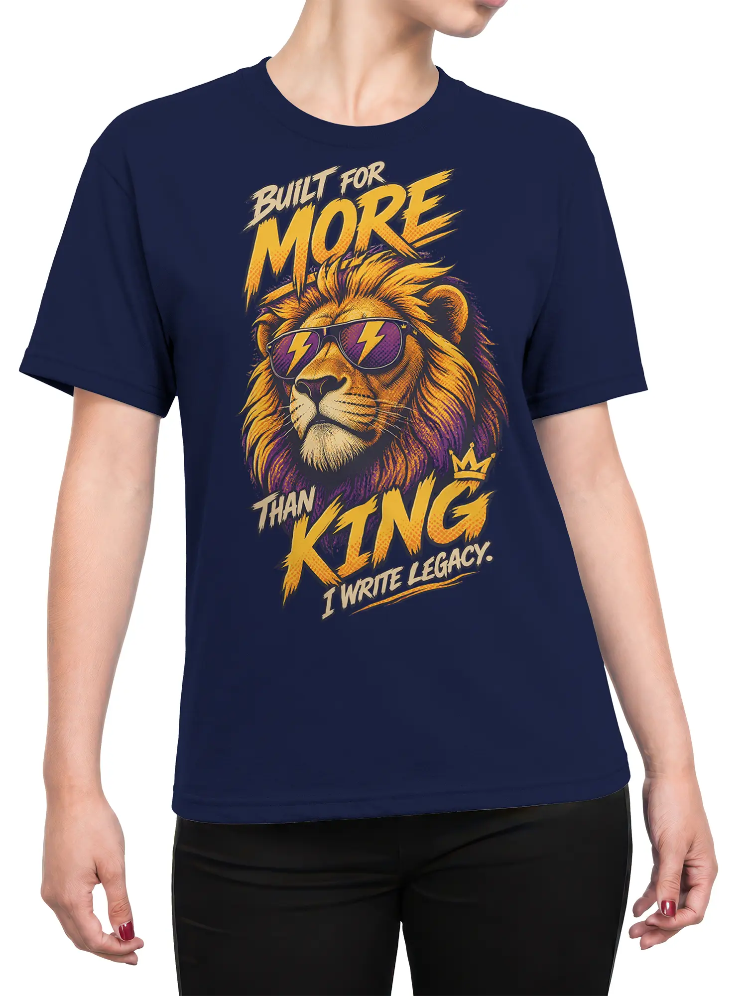 Female torso wearing a navy lion graphic T-shirt with sunglasses, lightning bolts, crown, and legacy lettering